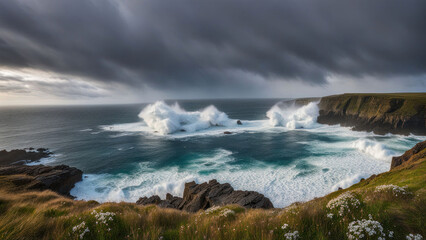 Dramatic ocean waves crashing on rocks.