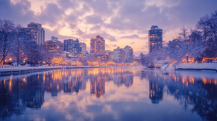 Naklejka premium Cityscapes and reflections on the water at dusk during the Christmas and New Year festivals.