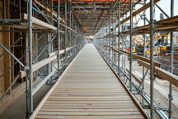 A wooden walkway surrounded by scaffolding at a construction site.