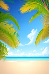 Obraz premium summer beach background of sand, sea and palm leaves