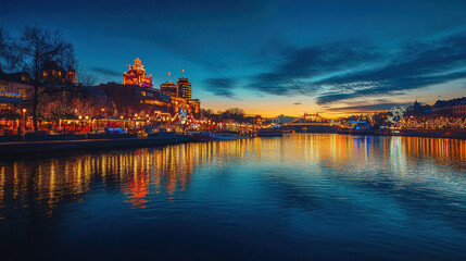 Naklejka premium Cityscapes and reflections on the water at dusk during the Christmas and New Year festivals.
