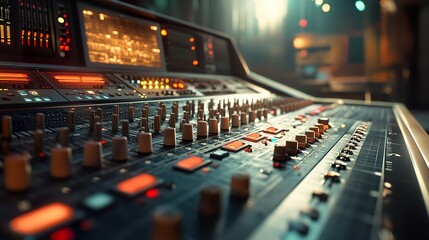 Fototapeta premium Close-up of an Audio Mixer Control Panel with Knobs and Buttons