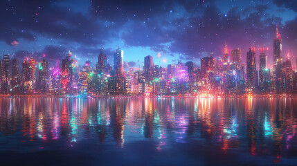 Fototapeta premium Cityscapes and reflections on the water at dusk during the Christmas and New Year festivals.