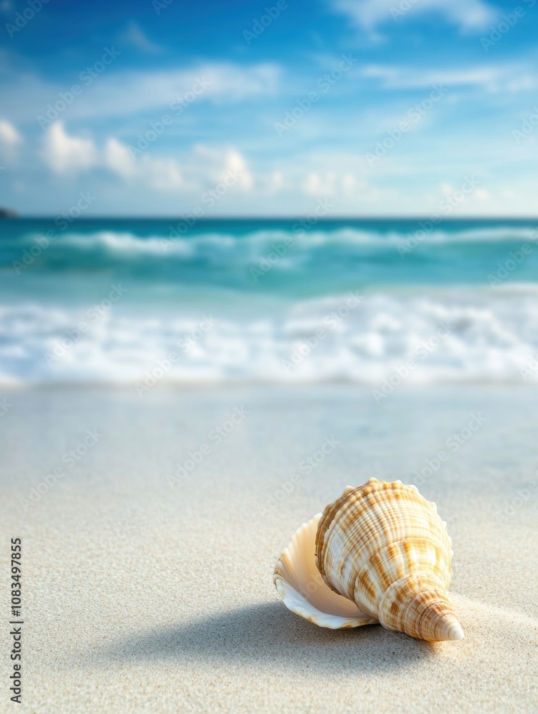 Poster a single seashell lies on the soft sandy beach while gentle waves wash ashore under a sunny sky, cre