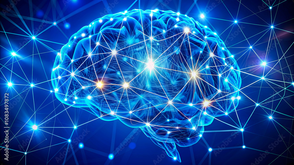 Poster brain with glowing neural connections and digital lines, representing advanced neuroscience concepts