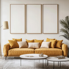 Elegant Mock-Up of a Living Room Centered Around a Stylish Sofa with Decorative Cushions and a Minimalist Artwork Display Set in a Light-Filled Modern Space