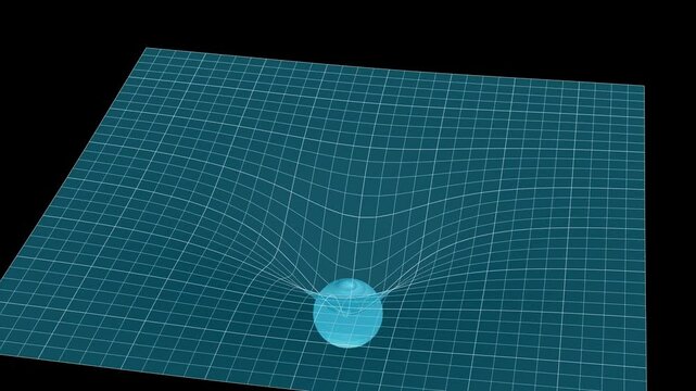 A 3D wireframe grid surface with a glowing orb causing a gravitational warp effect, rendered in teal blue lines against a dark background, creating a dynamic space-time distortion visual.