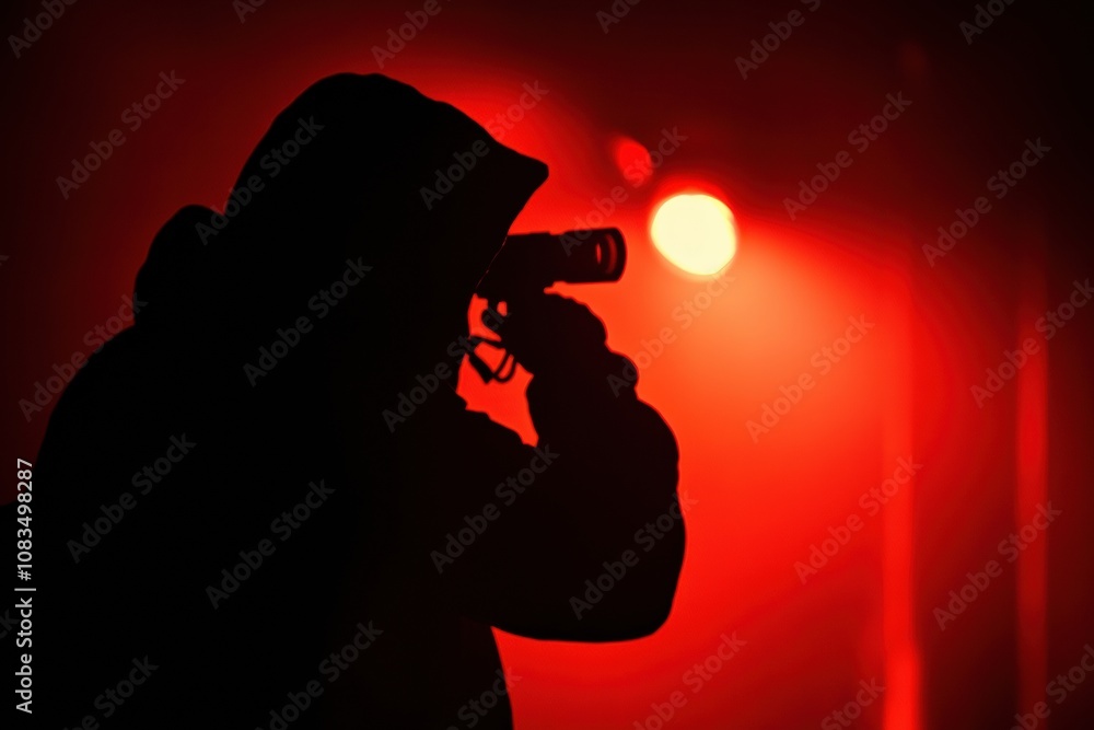 Poster a burglar stands in a shadowy alley, illuminating the area with a flashlight, as red light casts an 