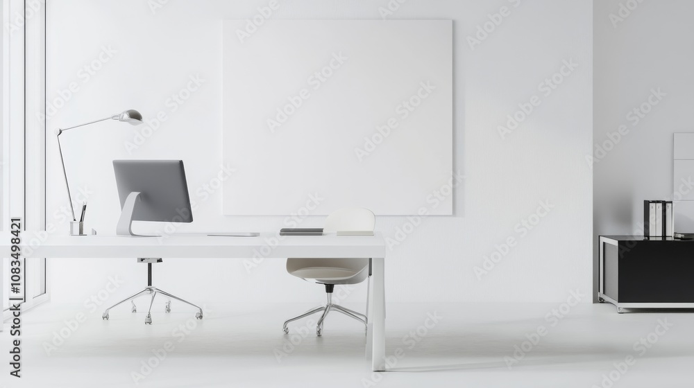 Poster a sleek and modern office space design featuring a pristine white canvas backdrop, minimalist worksp