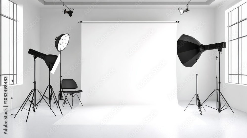 Poster a sleek and modern photography studio design boasting a pristine white canvas backdrop, minimalist p