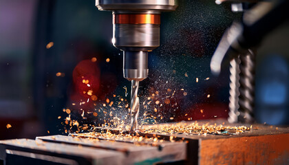 Machining process with drill bit creating sparks industrial workshop action photography close-up view precision engineering