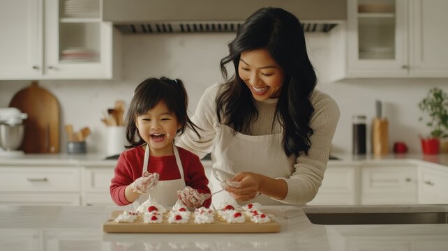 Mother and helpful little daughters in aprons making cookies on weekend at home,Happy family,prepare dough and use cooking utensils,National Cookie Day.