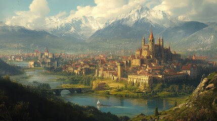 Fototapeta premium A picturesque landscape featuring majestic mountains, a tranquil river, and a stunning medieval castle nestled in nature.