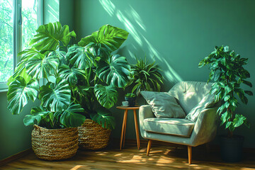 Obraz premium Sunlit room corner with large potted plants, armchair, and side table.