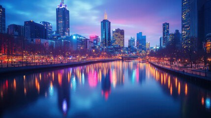 Fototapeta premium Cityscapes and reflections on the water at dusk during the Christmas and New Year festivals.