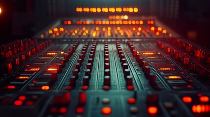 Obraz premium Close-up of a Sound Mixing Console with Red Lights