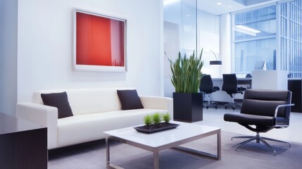 Fototapeta premium A sleek and sophisticated executive office-inspired lounge design boasting a white canvas backdrop, Furnished with sleek office furniture and modern decor accents, Executive office chic style