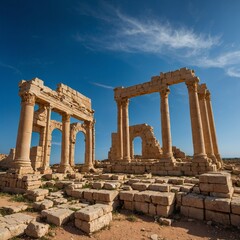 Obraz premium The ruins of Leptis Magna in Libya against a vibrant blue sky.