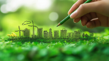 Sustainable city concept Hand drawing eco friendly urban landscape