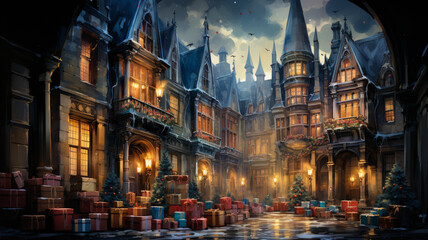 Fototapeta premium Christmas Gifts in a Festive Town Square 