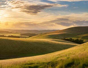 Obraz premium Rolling Hills and Golden Fields Stretching Across the Horizon, Bathed in the Warm Light of a Golden Sunset With Soft Clouds and a Gentle Breeze Blowing Through the Grass