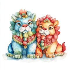 Fototapeta premium Traditional Chinese New Year Symbols Clipart. Two colorful guardian lion statues, embodying tradition and protection, ideal for cultural and artistic themes.