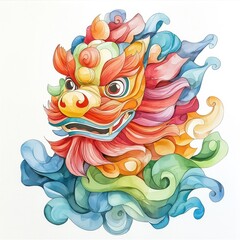 Fototapeta premium Traditional Chinese New Year Symbols Clipart. Vibrant illustration of a mythical lion with colorful, swirling clouds, representing cultural heritage and artistry.