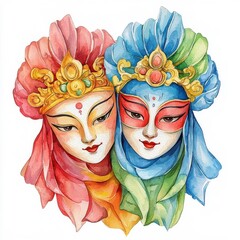 Traditional Chinese New Year Symbols Clipart. Vibrant watercolor depiction of two traditional masks showcasing cultural artistry and expression.