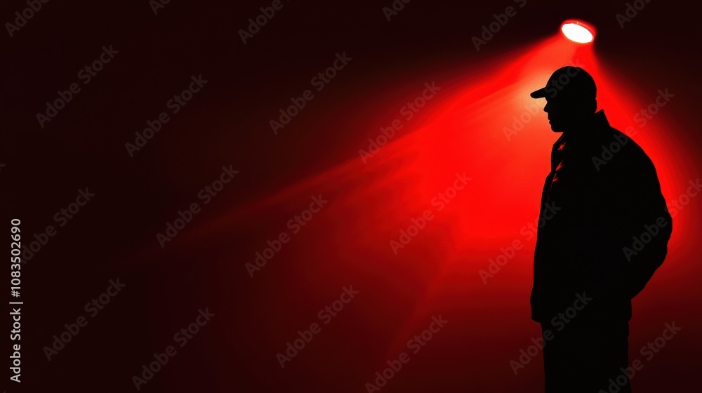 Poster a burglar's silhouette is highlighted by a red spotlight, set in a shadowy, dimly lit area during ni