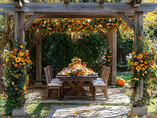 Charming Outdoor Dining Space Adorned with Vibrant Fall Florals and Cozy Decor, Perfect for Autumn Gatherings and Festive Celebrations Under a Beautiful Pergola