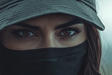 Fototapeta premium Intense Gaze of Woman in Hat and Mask Captures Mystery and Intrigue