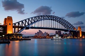 Obraz premium Sydney Harbour Bridge illuminated with warm white LED lights cascading like a waterfall at twilight, Opera House glowing with projected snowflakes, pastel sunset sky reflecting on the calm water