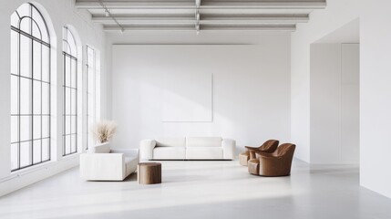 Fototapeta premium A sleek and spacious living room design featuring a white canvas backdrop, Minimal furniture arranged meticulously, Minimalist industrial style