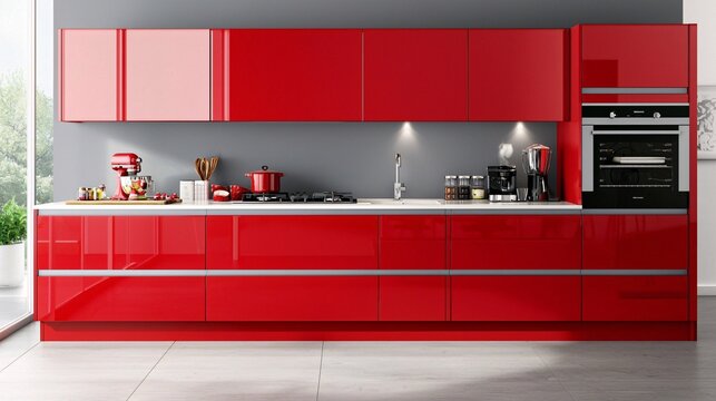 Modern and Stylish Red Kitchen Design Featuring Sleek Cabinets, High-End Appliances, and Bright Lighting Creating an Inviting Culinary Space