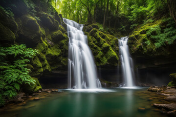 Obraz premium Serene twin waterfalls cascading into a moss-covered pool within a lush green forest.
