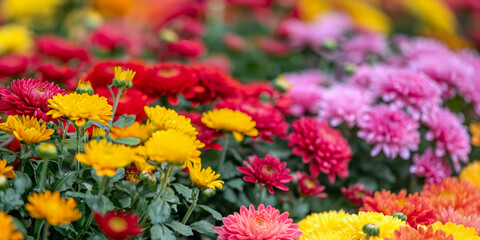 Vibrant Blooms of Red, Yellow, and Pink Chrysanthemums in Full Bloom