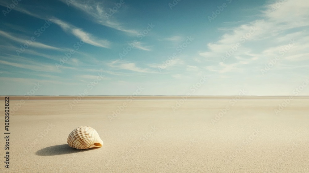 Poster A single seashell lies on a smooth sandy beach, surrounded by endless space and a serene sky, creating a peaceful atmosphere. Generative AI