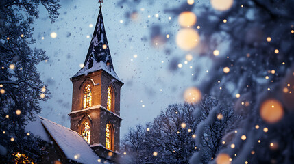 Naklejka premium Serene Winter Scene Featuring a Snow-Covered Church Steeple Illuminated by Soft Evening Lights Amidst Falling Snowflakes and Frosty Trees