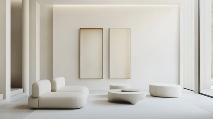 A sophisticated and artistic lounge area with a white canvas backdrop, Boldly arranged minimalist furnishings, Artistic minimalism style