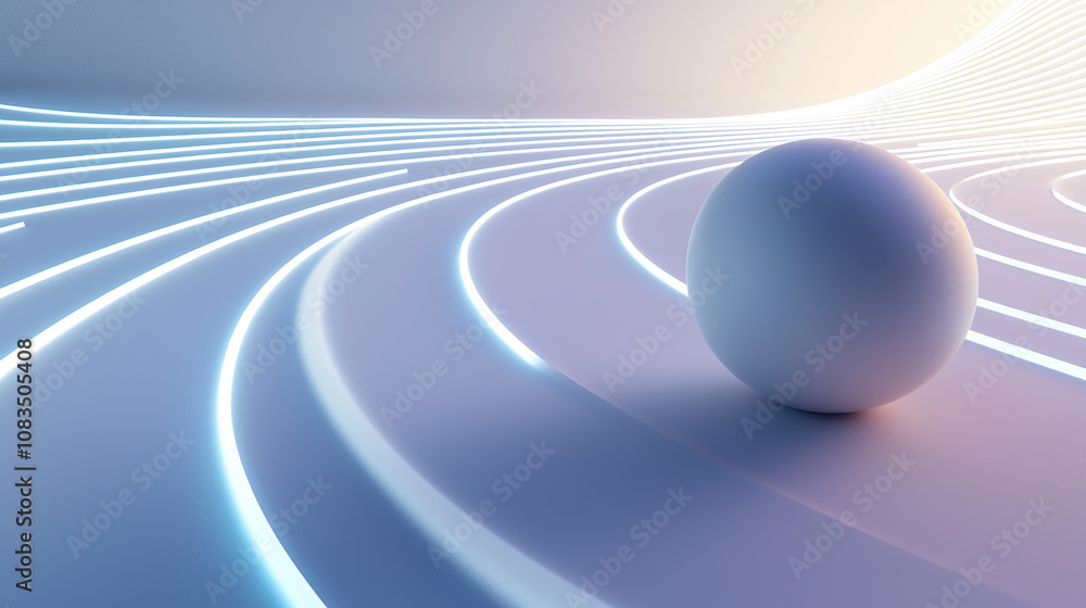 Poster 3d render of a white sphere rolling on a simple curved line path, with a minimalistic background and