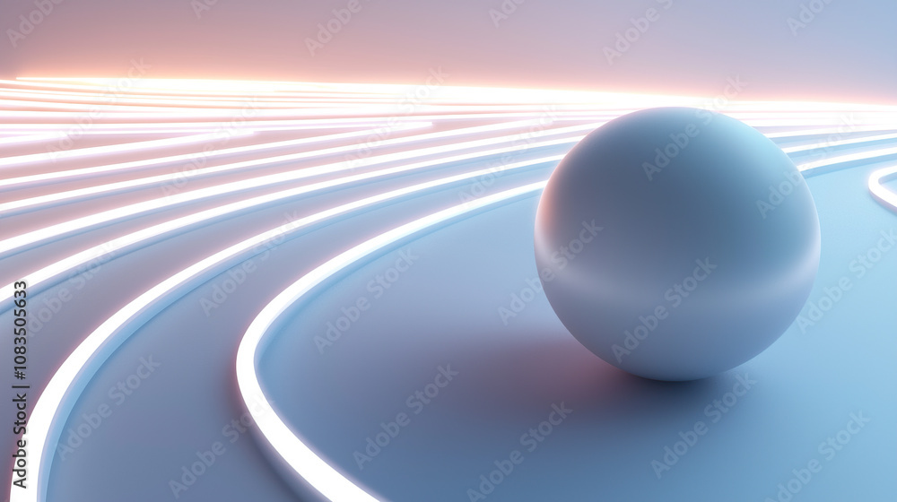 Poster 3d render of a white sphere rolling on a simple curved line path, with a minimalistic background and