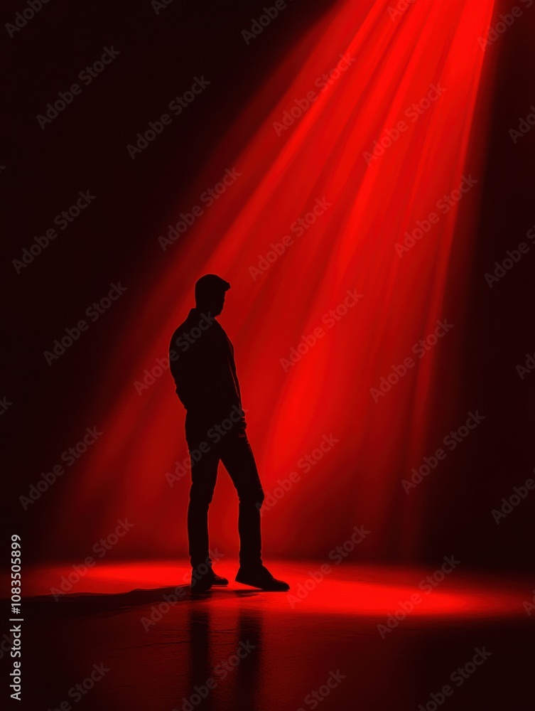 Poster A figure stands quietly in a dark space, illuminated by a single beam of red light, creating a tense atmosphere of secrecy. Generative AI