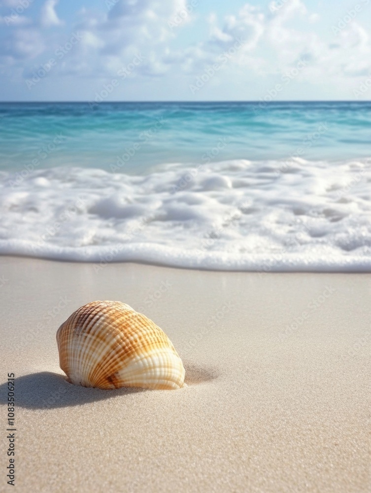 Poster a serene sandy beach showcases a solitary seashell on the shore as calm waves lap gently against the