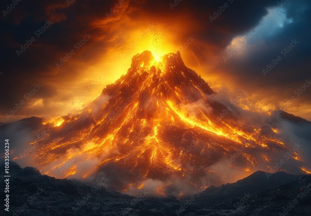 Poster here's a description and keywords for the image.. erupting volcano at night, fiery lava flows down t