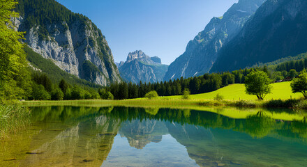 Fototapeta premium A serene mountain lake surrounded by lush greenery, forests, and towering rocky peaks.