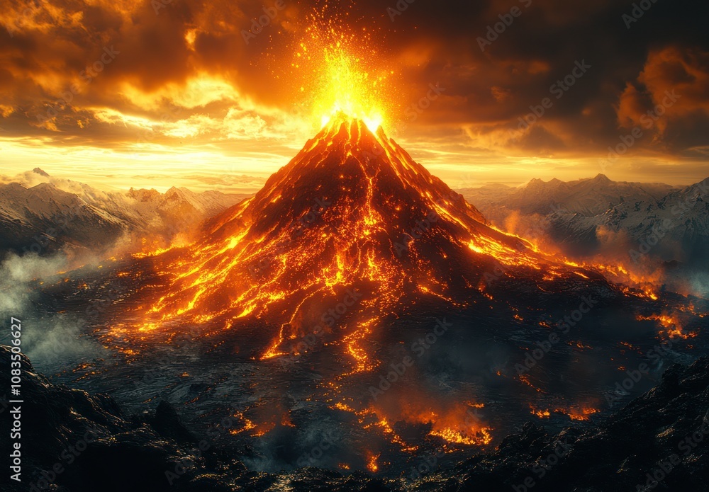 Poster here's a possible and keyword list for your stock photo.. erupting volcano at sunset.