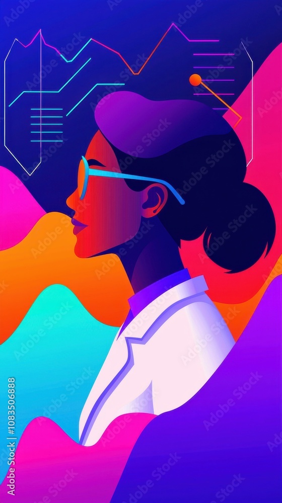 Aufkleber innovative scientist analyzing data digital landscape illustration abstract profile view technology 