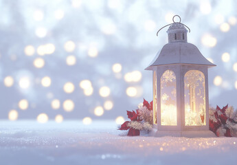 A white lantern with a lit candle sits on snow, surrounded by blurry, warm white lights