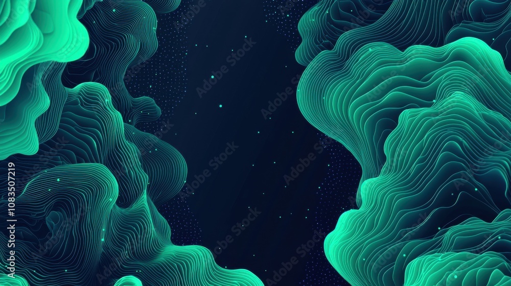 Poster exploring abstract green waves digital landscape visualization technology environment dynamic viewpo