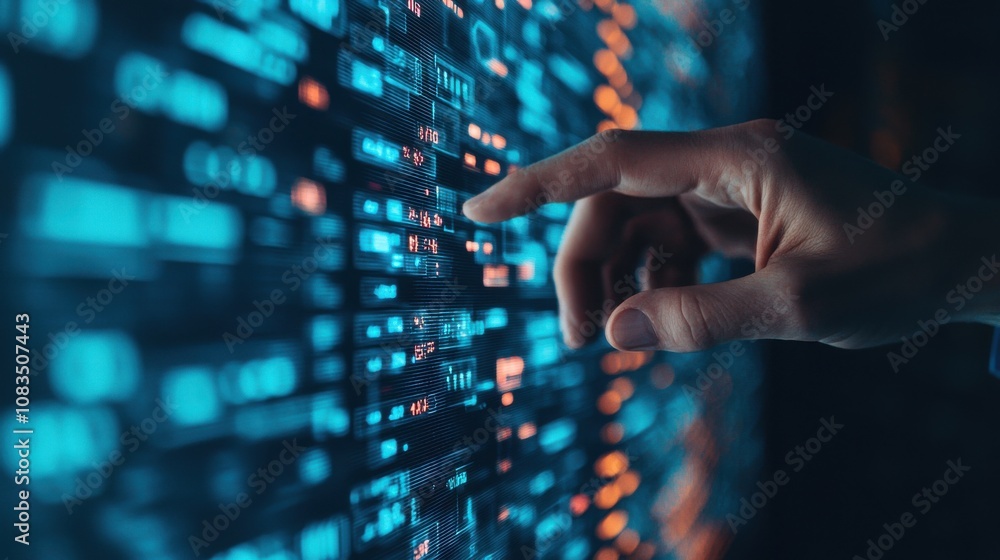 Poster interacting with digital data technology user interface cyber environment close-up view innovation